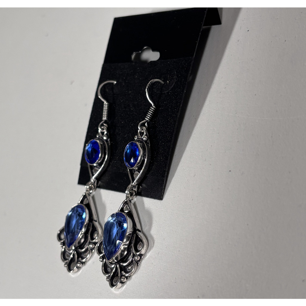 Blue Topaz & Tanzanite Gemstone Drop Dangle Earrings 2.6" 925 Silver Plated NWT - Picture 4 of 4
